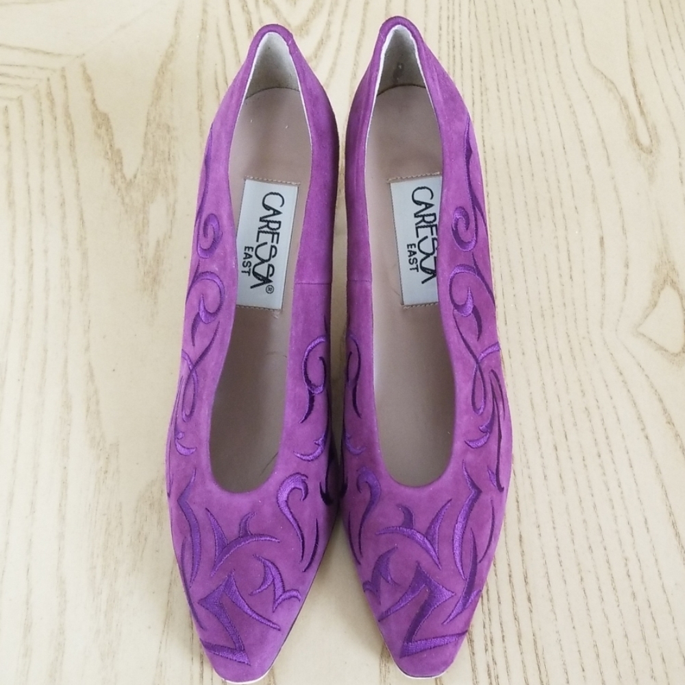 Purple suede shoes.
